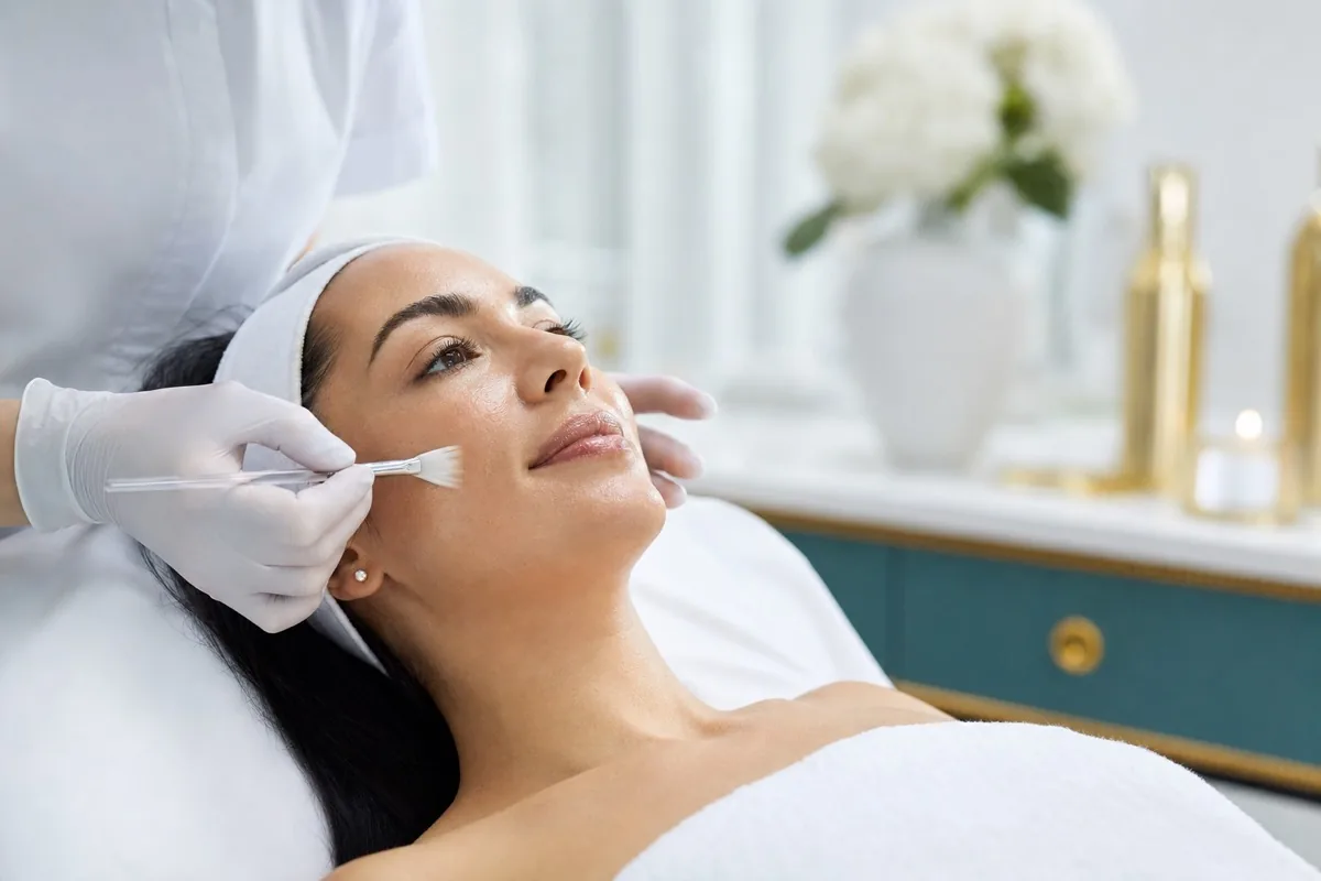 Woman receiving a professional facial treatment while weighing chemical peel versus microneedling
