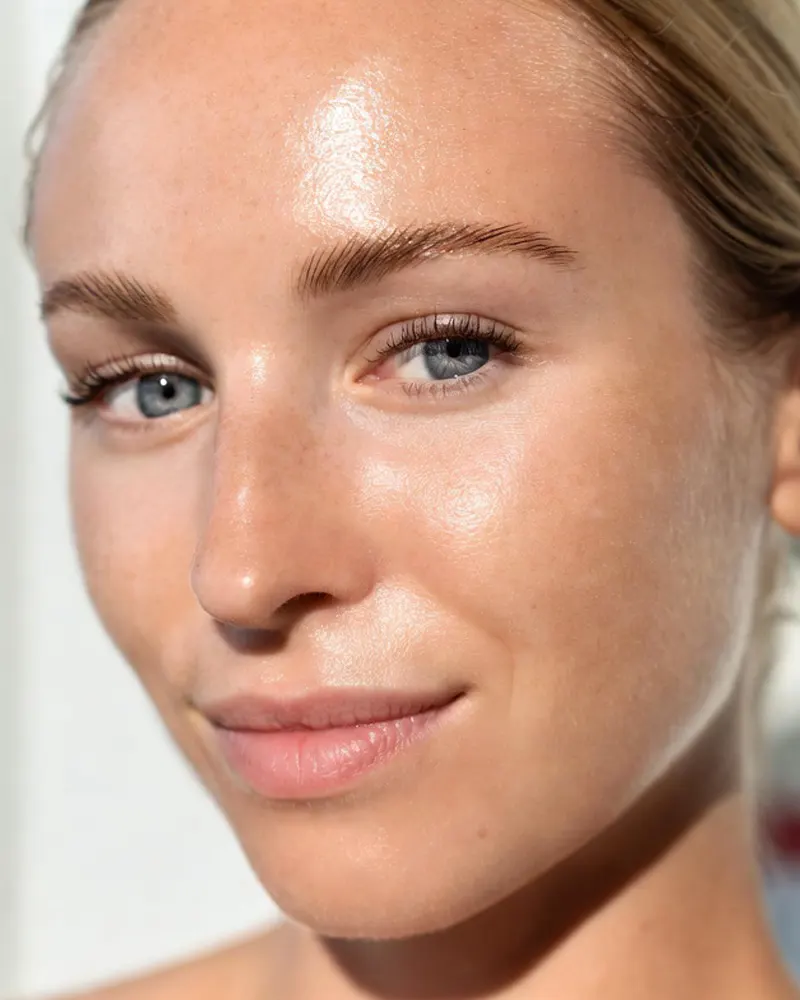 Woman in her early 30s representing glycolic acid chemical peel care for early aging and sun-induced hyperpigmentation.