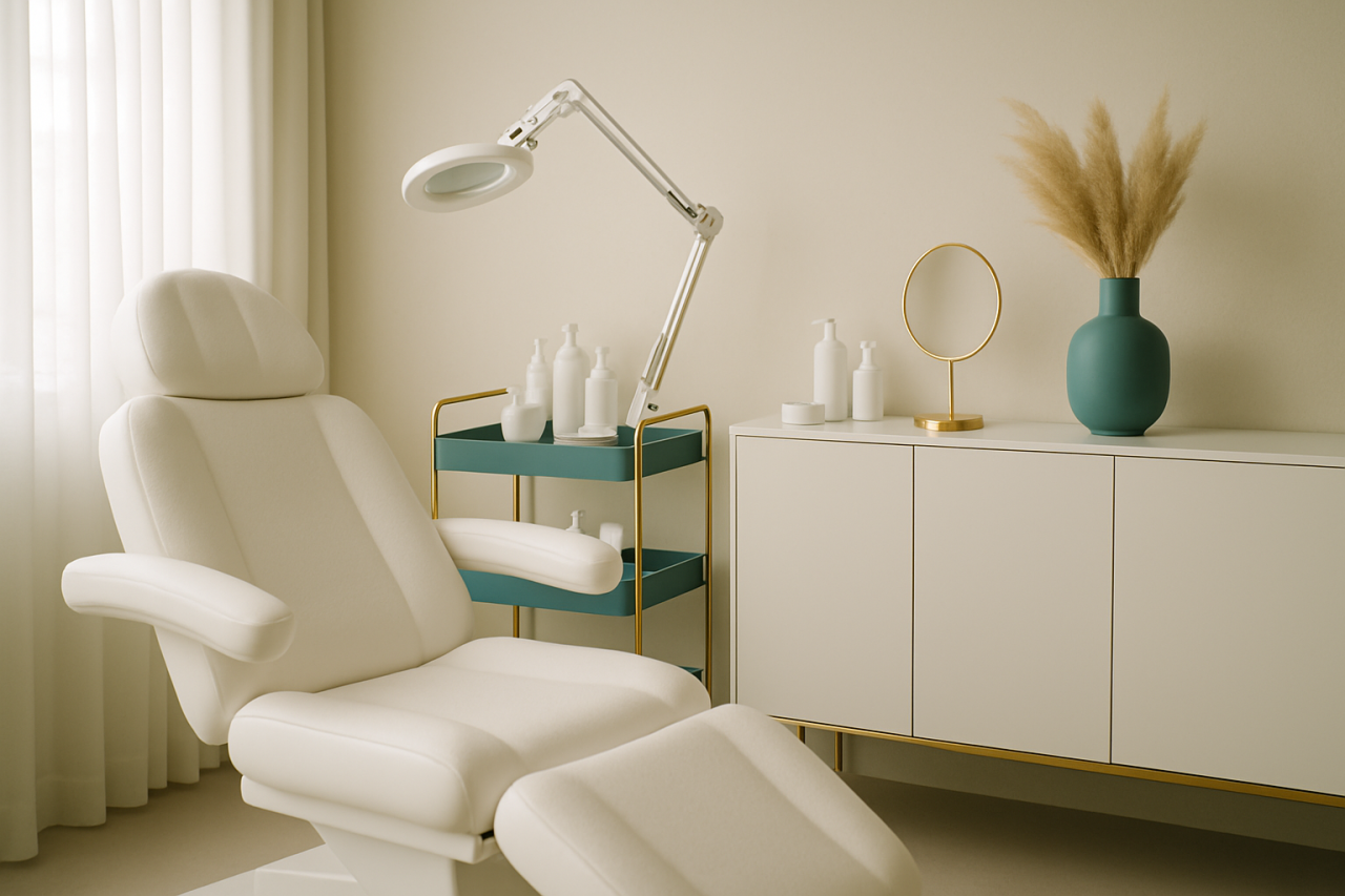 Modern minimalist dermatology treatment room ready for a quick lunchtime chemical peel